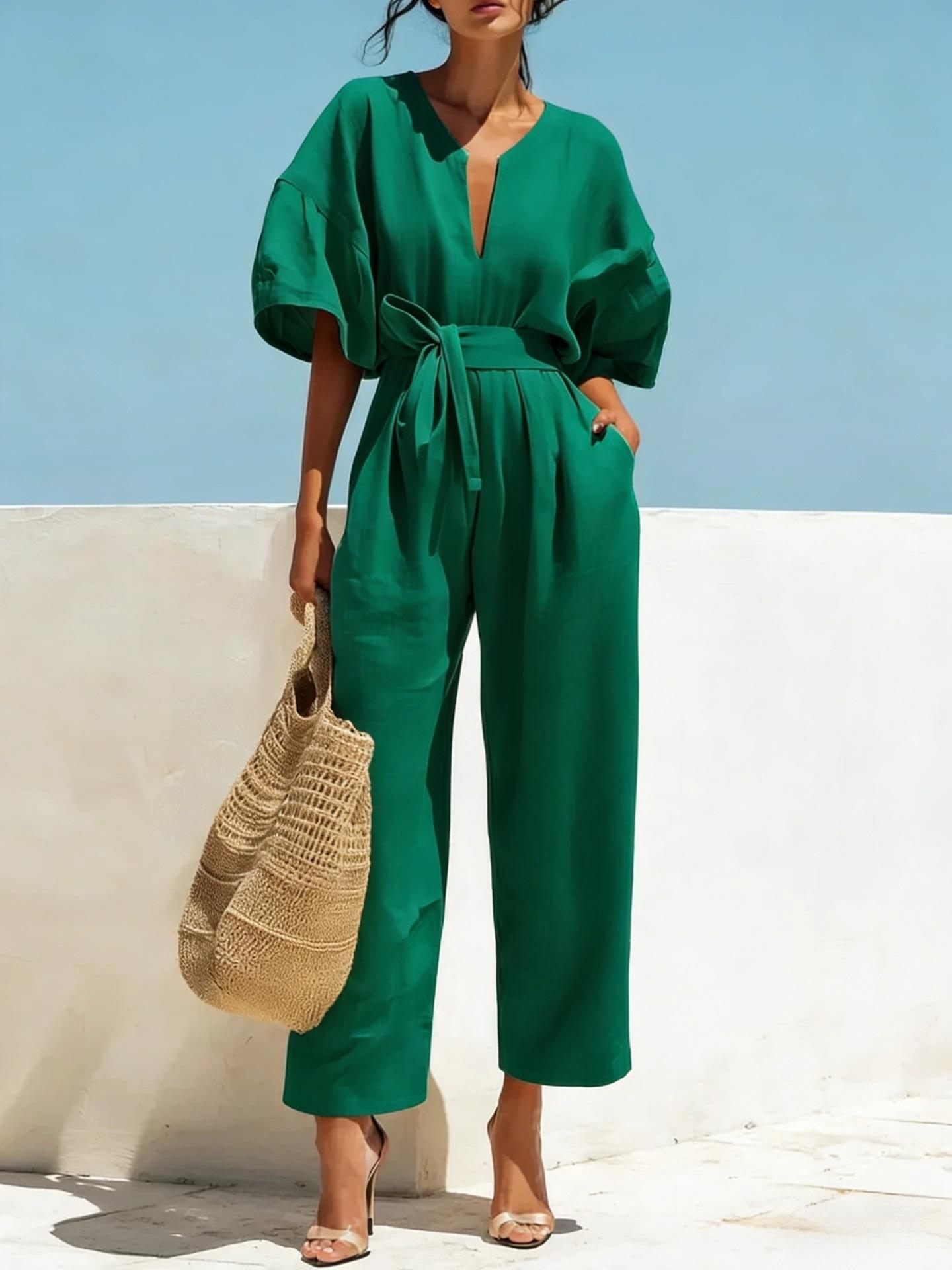 

women s Batwing Sleeve V Neck Belted Solid Color Linen Wide Leg Jumpsuit Casual Romper 2XL темно-зелений колір