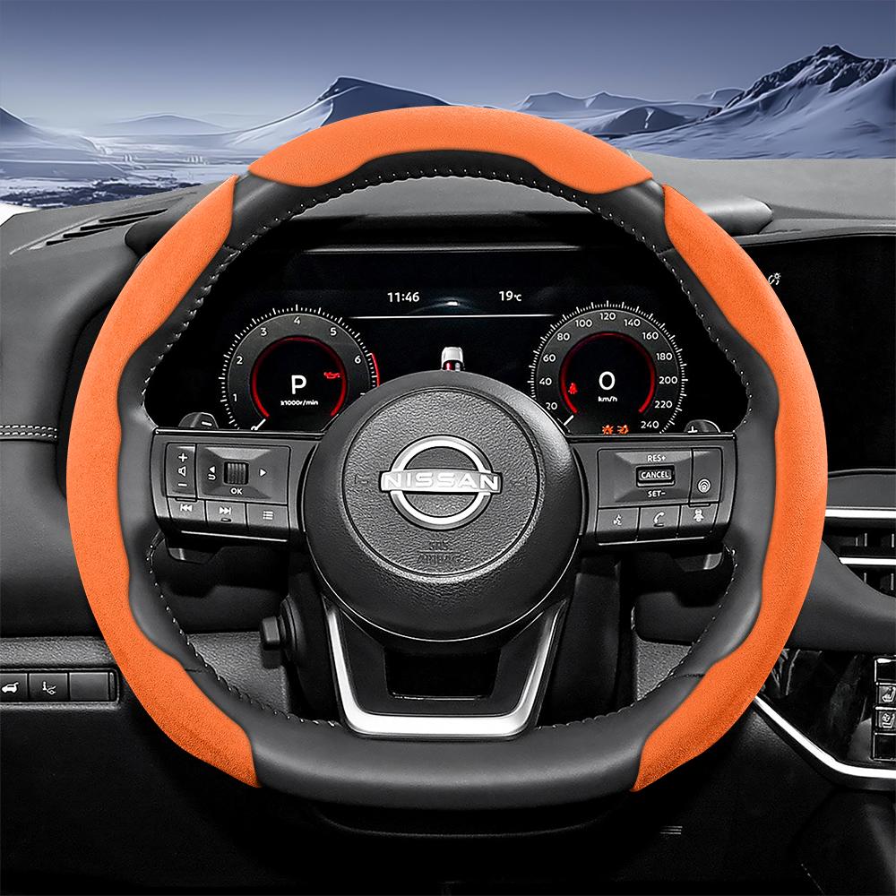 Suitable for p444 Sports Suede Steering Wheel Cover with Split Snap-On Design for Rogue X-Trail Kicks Qashqai Sentra Almera Versa Sunny Altima 444p