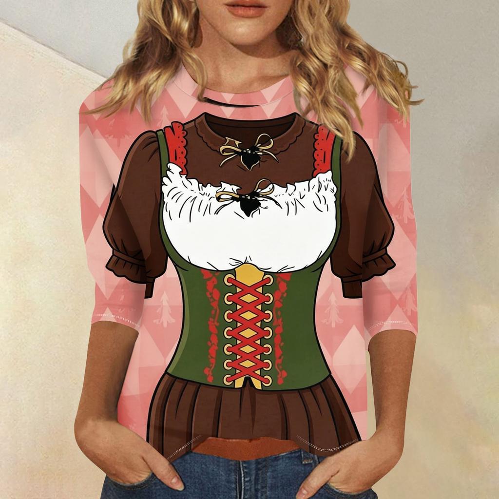 Women Casual Three Quarter Sleeve Oktoberfest Print Round Neck Shirt Lightweight Pullover Top for Daily Wear
