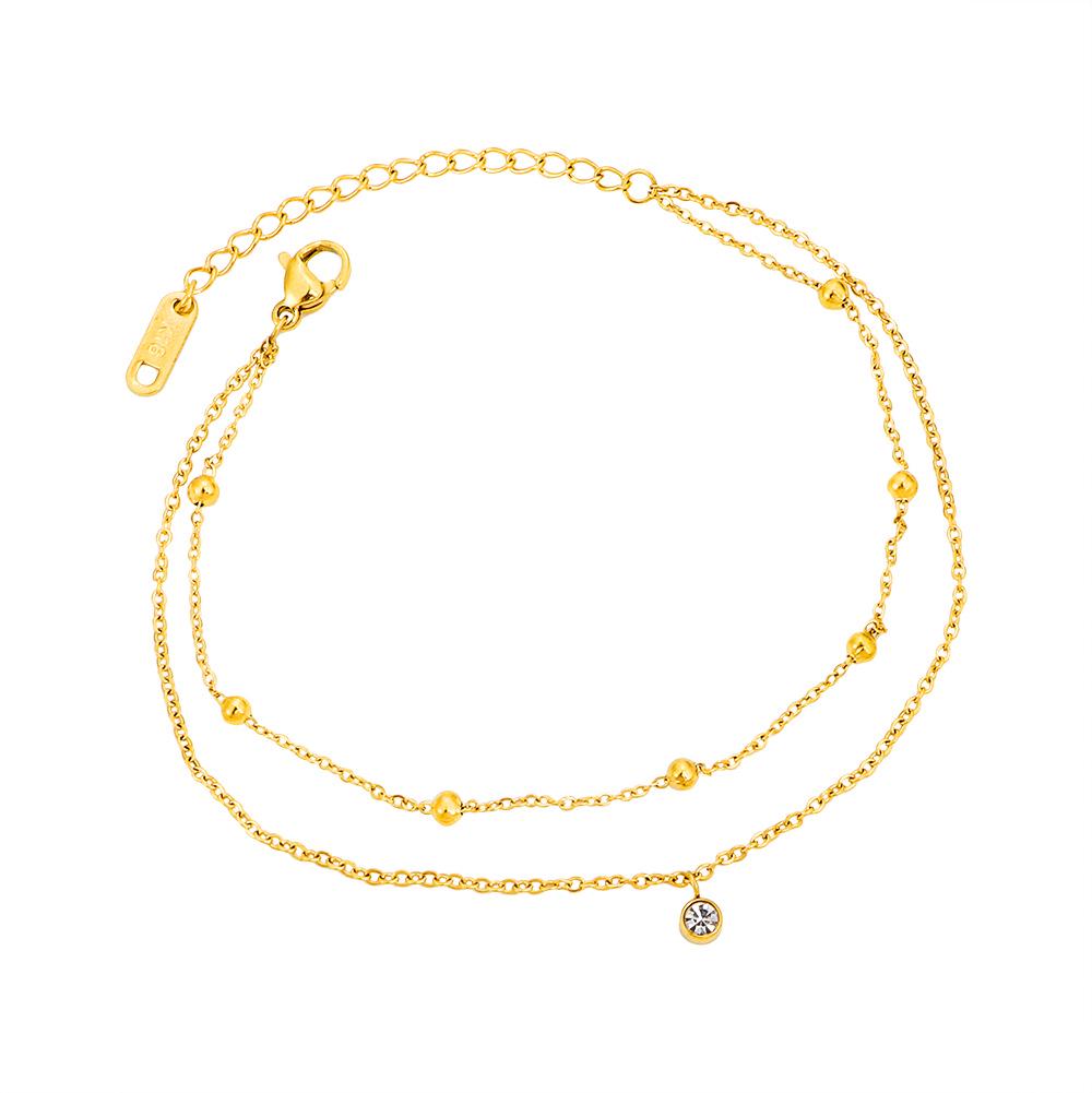 Women's Sexy Double-Layer Beaded Anklet with Single Diamond, 18K Gold Titanium Steel, Tarnish-Free, Wearable In Bath