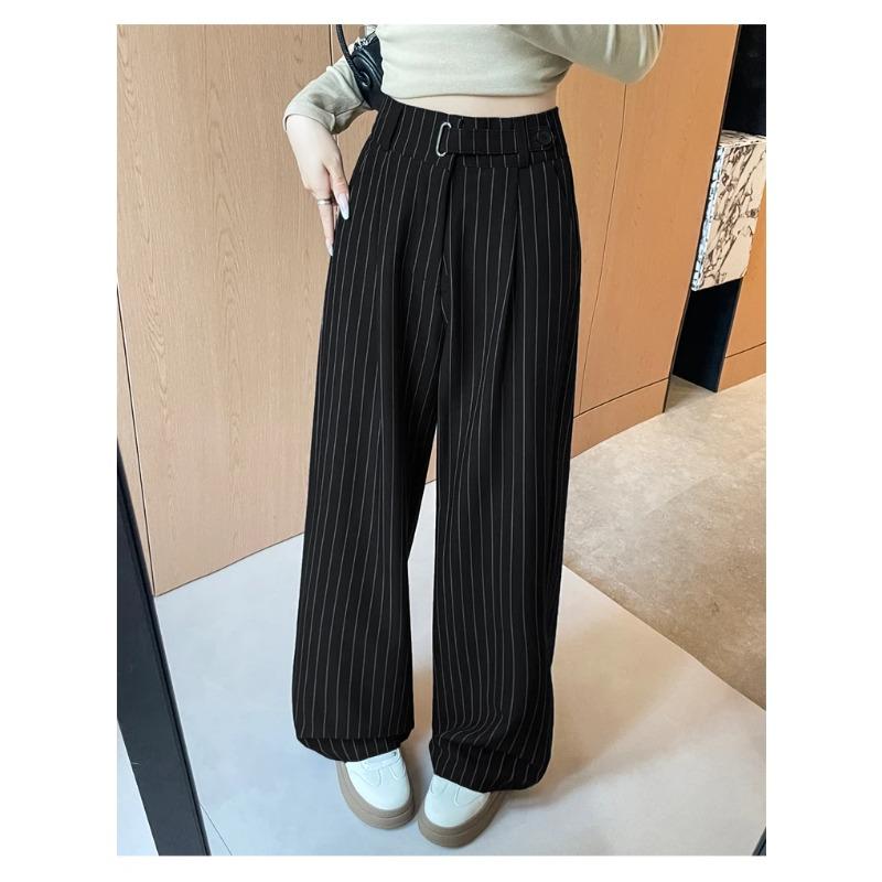 Herbst Vintage Gestreifte Lockere Damen Weite Hosen Knöpfe Frühling Hohe Taille Gerade Büro Voll Langes Hosen