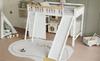 Loft Bed, With Children's Slide, Wardrobe and Storage Cabinet Under the Bed, Four-Sided Fence Pine + MDF + Plywood, White+Natural, 90x200cm