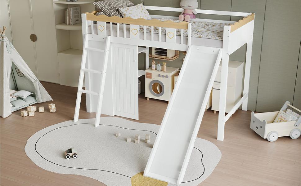 Loft Bed, With Children's Slide, Wardrobe and Storage Cabinet Under the Bed, Four-Sided Fence Pine + MDF + Plywood, White+Natural, 90x200cm