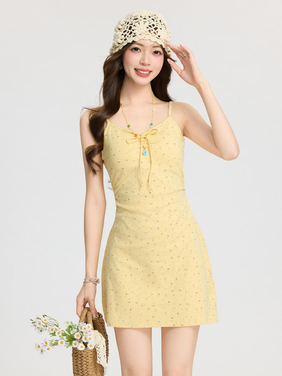 Sweet Floral Ruffled Strappy Tank Dress for Women Summer New Yellow V-Neck High Waist Slim Fit Midi Dress S