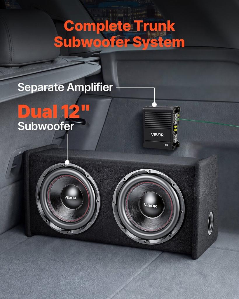 Subwoofer Bass-Paket, 305mm, 490W RMS, Doppel-Auto-Audio-Subwoofer- und Verstärkerpaket, mit bestücktem Gehäuse, separatem Verstärker und Verkabelungsset, für