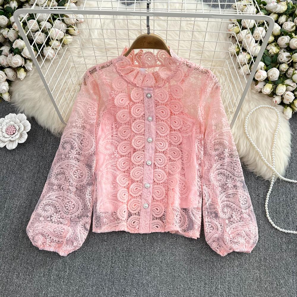 

RUGOD Осенняя темпераментная полуводолазка в стиле ретро с водорастворимым крючком и цветочным принтом, ажурная кружевная рубашка, женский топ