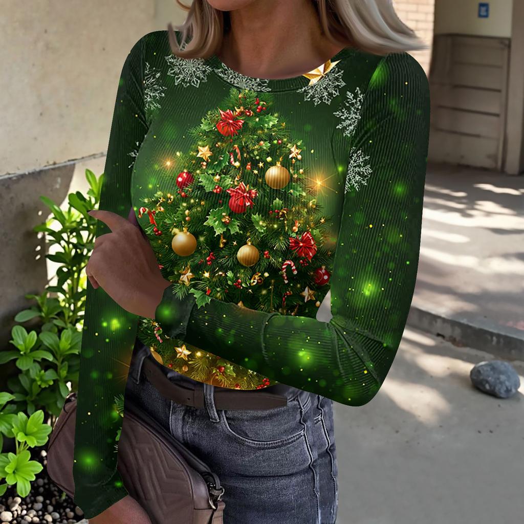 Women's Casual Christmas Print Long Sleeve Ribbed Neck Top