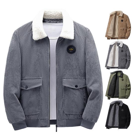 Men Autumn Winter Solid Color Jacket Lapel Long Sleeve Flap Pockets Zipper