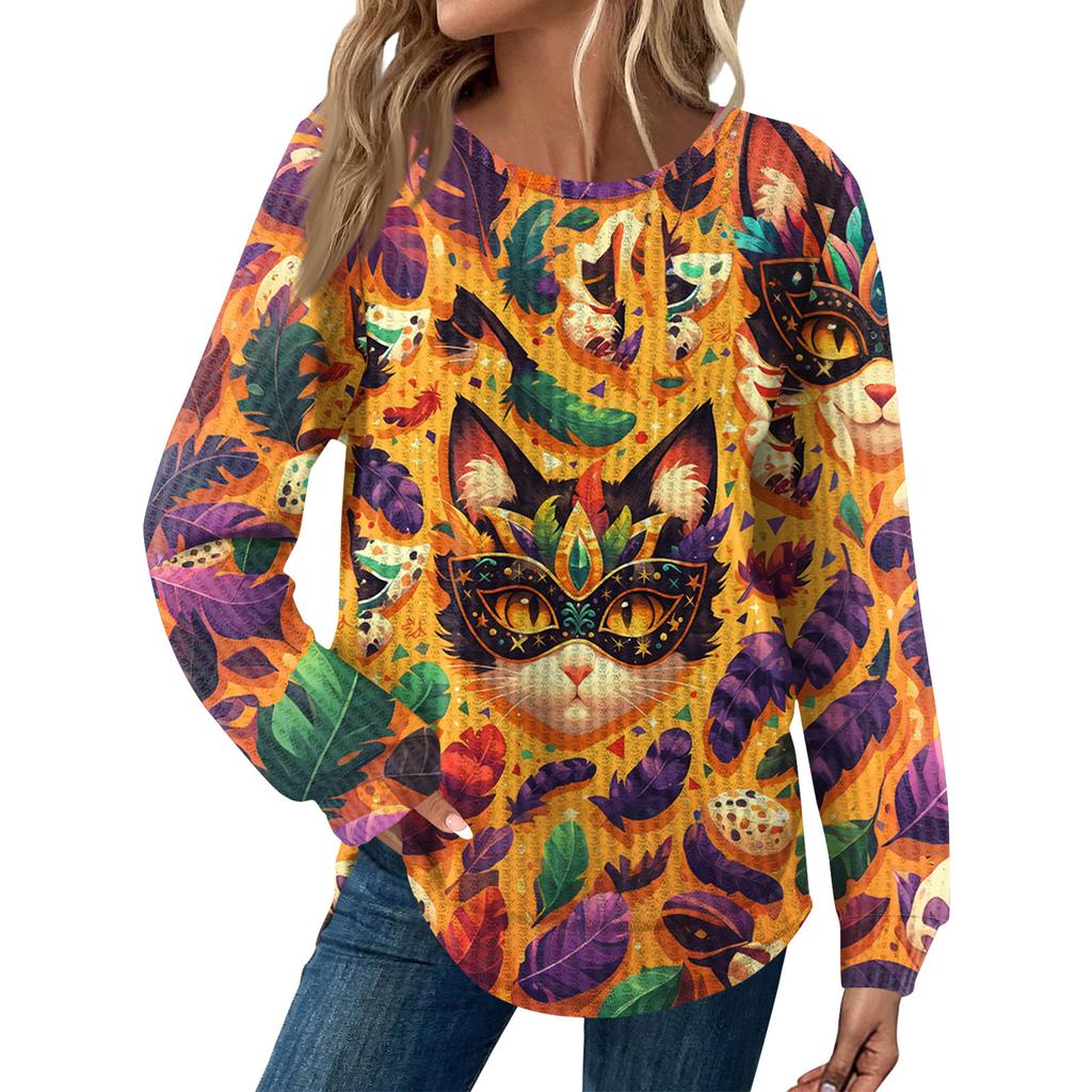 Women's Fashion Loose Long Sleeve Carnival Print Round Neck Casual Top