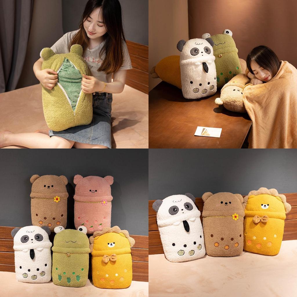 New Cartoon Animal Milk Tea Plush Pillow Blanket Two-in-one Blanket For Warmth And Comfort Perfect For Girls' Sleep Panda Design