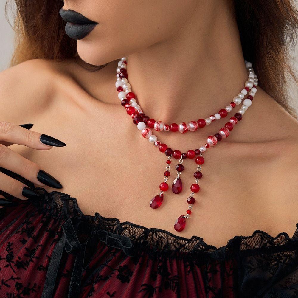 Multilayer Halloween Clavicle Choker Tassel Gothic Jewelry Fashion Blood Drop Necklace  Party