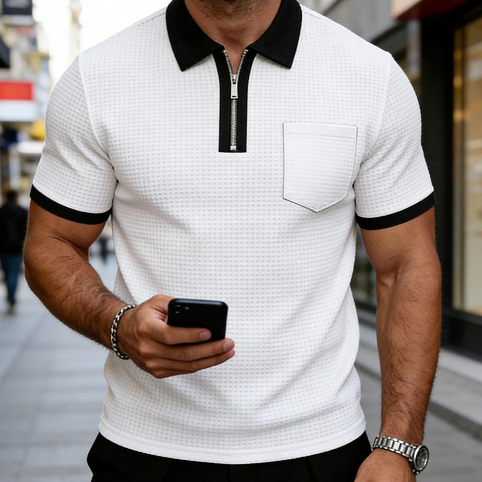 

Men’s Short Sleeve Polo Shirt with Zip Placket and Chest Pocket Classic Knit Top for Daily Wear M білий