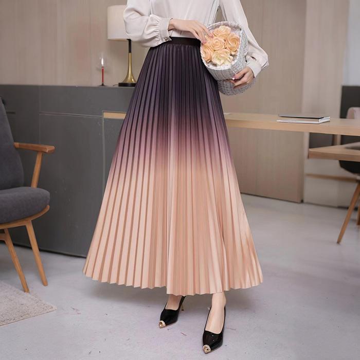Women Spring Fall High Waist All Match Gradient Color Pleated A Line Skirt