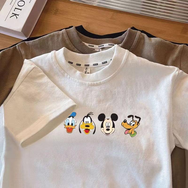 Kids Mickey & Friends Cartoon Print Short Sleeve T-Shirt, Front Mini Character Back Big Group Graphic Crew Neck Cotton Tee 3 Colors