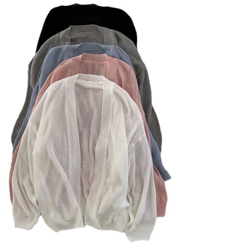 Solid color lazy loose thin sweater, all-match summer sunscreen ice silk knitted cardigan women 67288