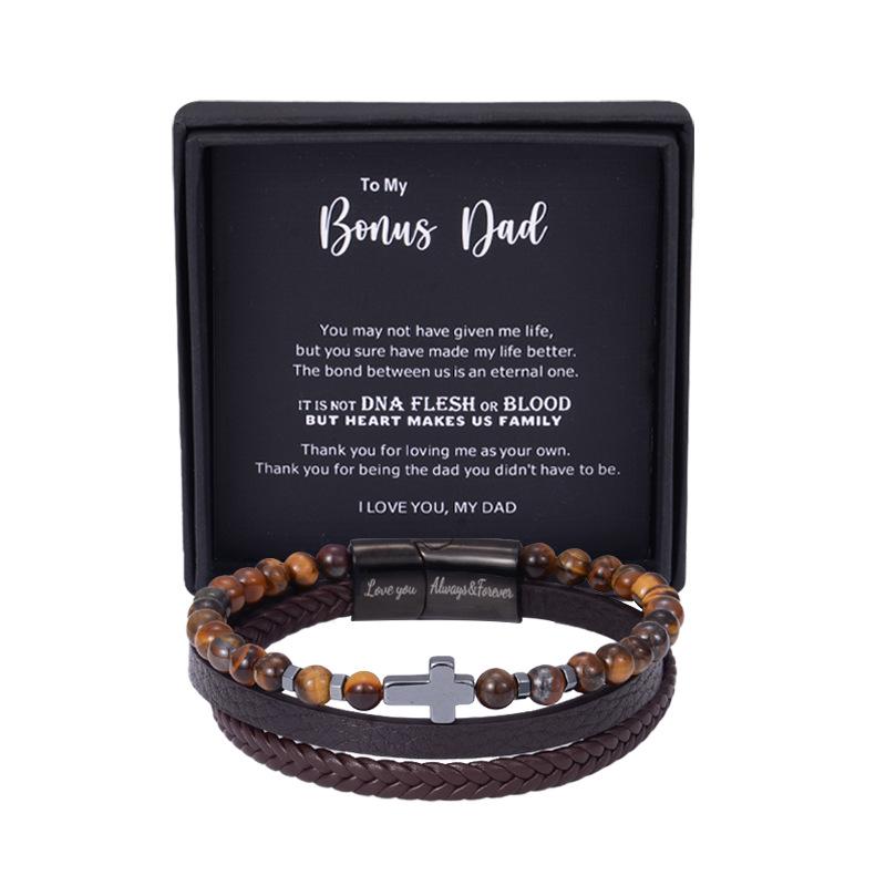 Creative Natural Stone Stainless Steel Bracelet - Obsidian Volcanic Stone Element Simple Cross Multi-Layered Bracelet