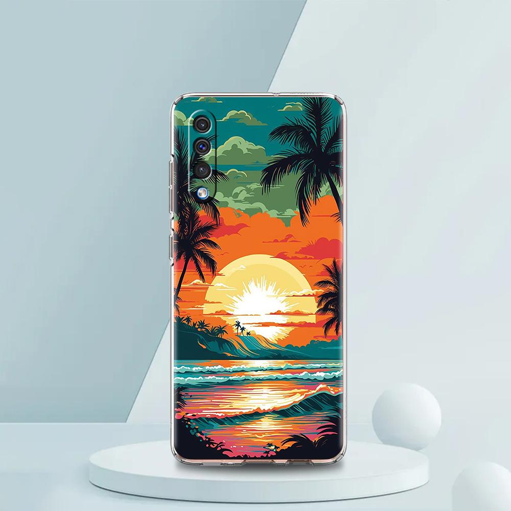 Transparent Phone Case for Samsung Galaxy A16 A14 A12 A22 A24 A42 A02 A06 A20 A30 A40 Soft TPU Cover Sunset Coconut Tree Pattern