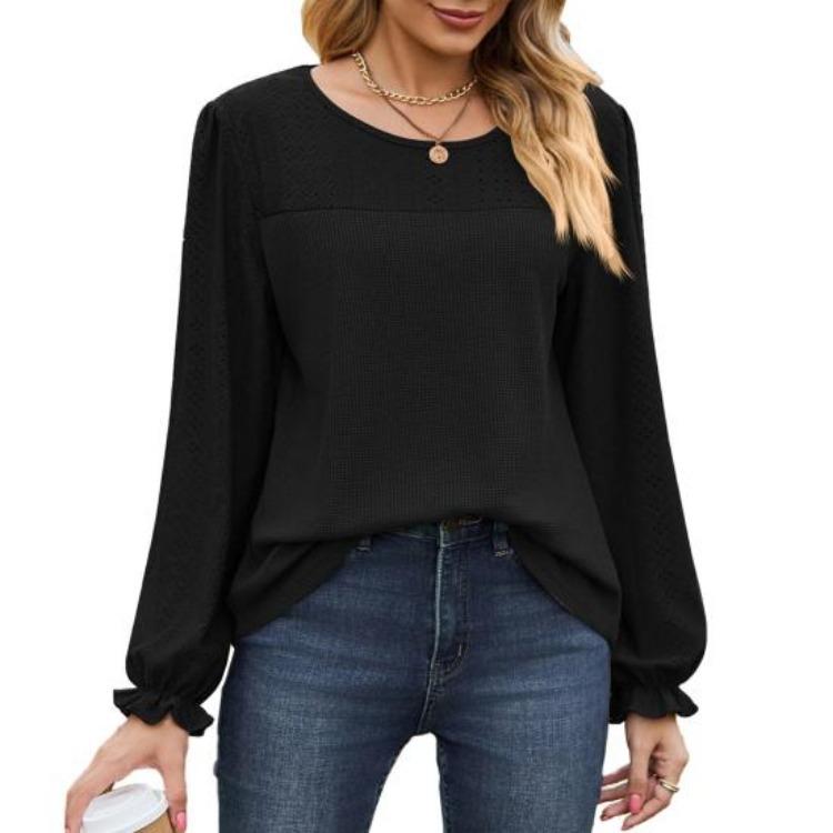 

Breathable Mesh Long Sleeve Tops for Women Solid Color Puff Sleeve T Shirt Round Neck Casual Daily Wear XXL чорний
