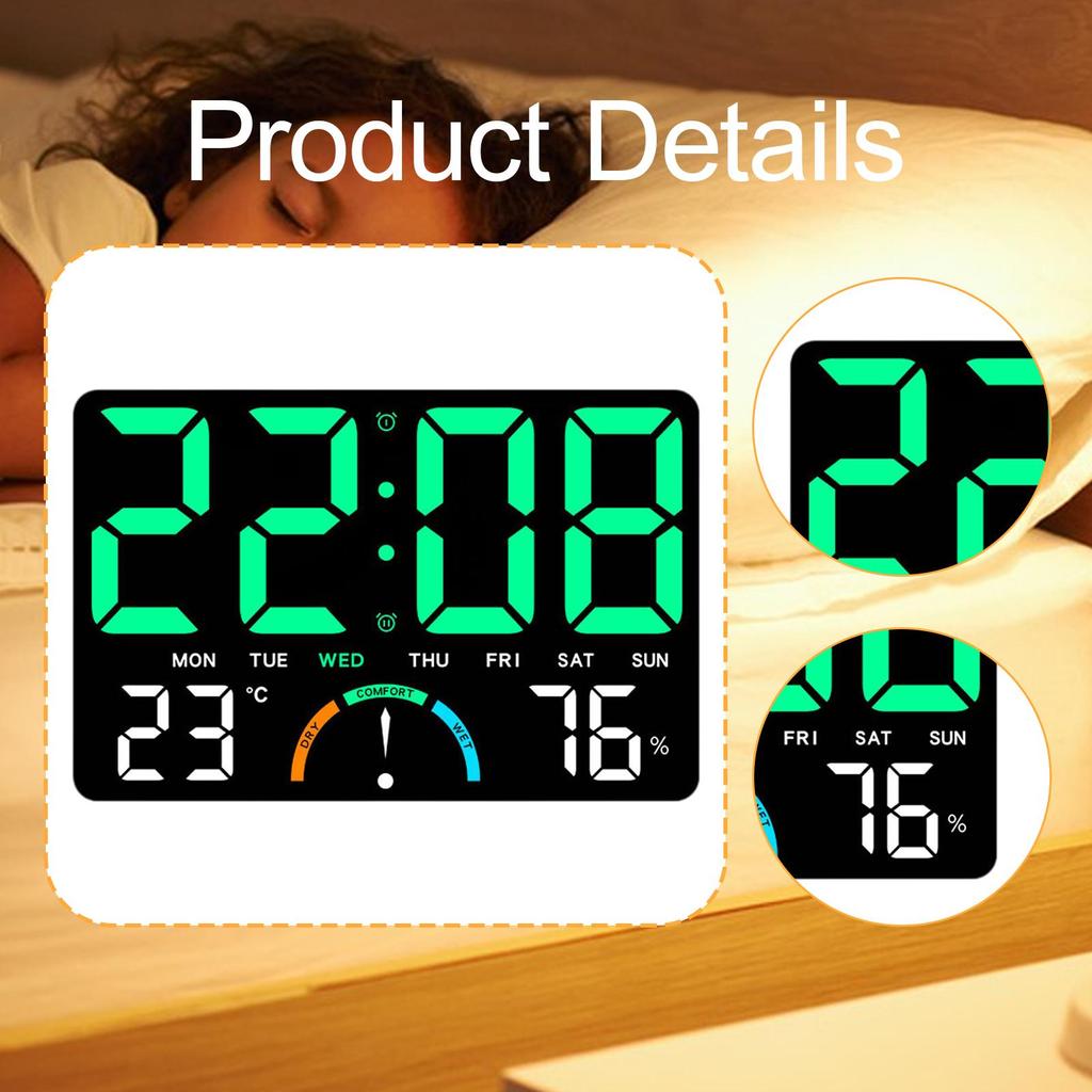 Digital Wall Clock LED Display Timer with Temperature Humidity Adjustable Brightness for Home Office Living Room Decor
