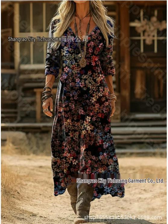 2026 Spring Retro V-neck Long-sleeved Plus Size Dress