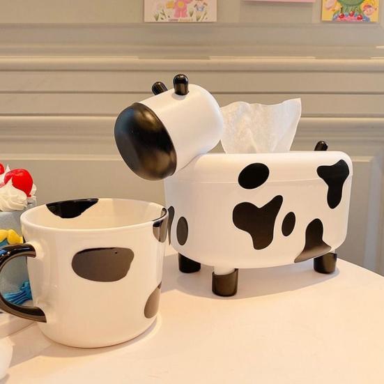 Cow Tissue Box Cover Large Capacity Universal Multifunctional Desktop Lovely Cow Shape Tissue Paper Case with Toothpick Dispenser