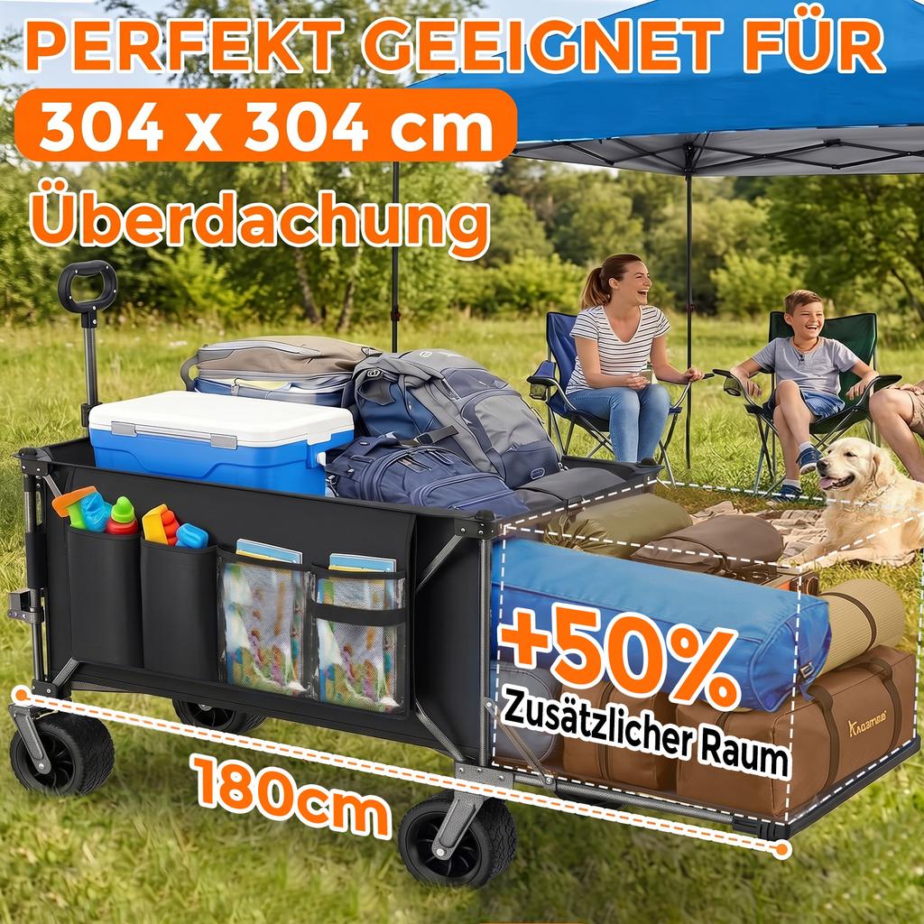 300L+120L Foldable Wagon & Tailgate, 180cm with Extra Wide 17x10 cm All-Terrain Wheels, Ideal for Garden, Shopping, Beach, and Outdoor Use (Black)