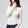 Frühling Herbst Einfarbig Ausgehöhltes Unterteil Damen Langarm Slim Knoten Pullover T-Shirt Temperament Top