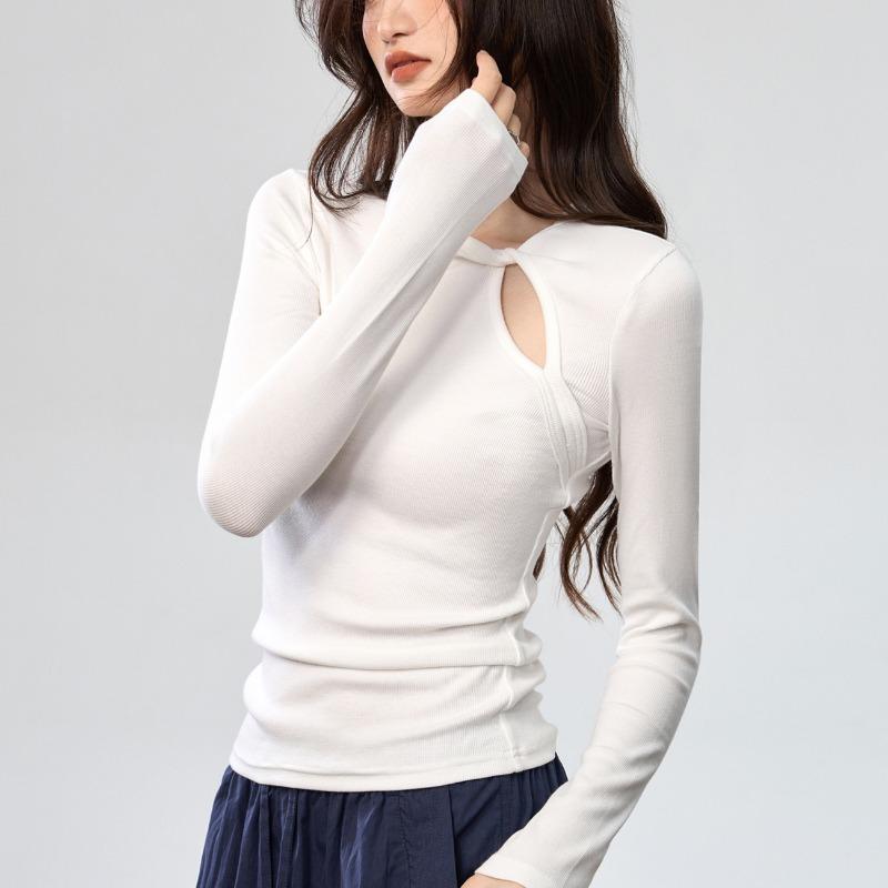 Frühling Herbst Einfarbig Ausgehöhltes Unterteil Damen Langarm Slim Knoten Pullover T-Shirt Temperament Top