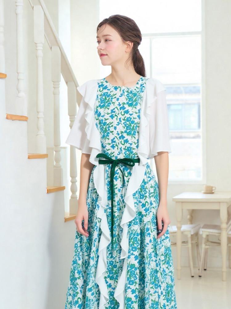 LBYL White Ruffle Sleeve Green-Blue Floral Long Dress