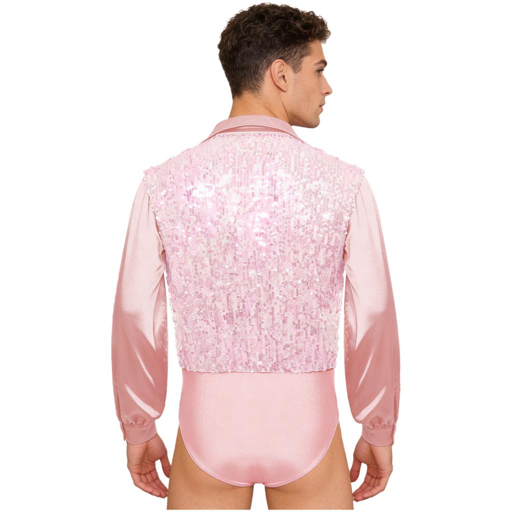 Mens Latin Ballet Dance Bodysuit Glittery Sequined Bodice V Neck Satiny Long Sleeves Buttoned Crotch Leotard