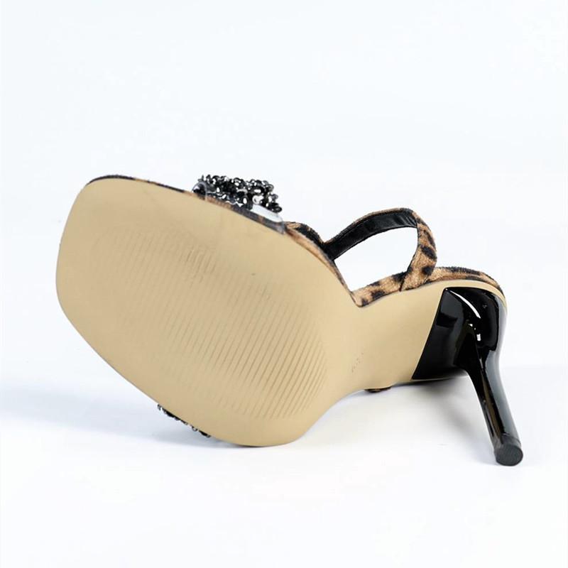 Fashion Leopard Rhinestone Decorated Narrow Strap Thin Heeled Sandals Women Sexy Open Toe Ankle Strap Super High Heels Summer Party Shoe