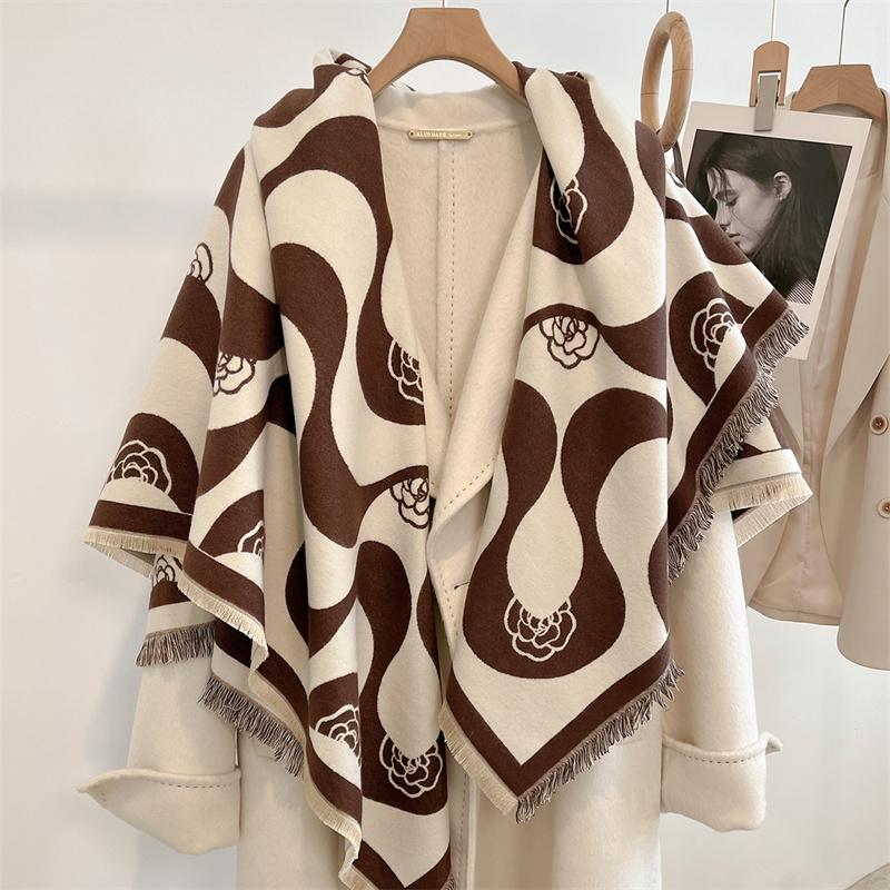 Winter Thick Warm Double Cashmere Scarf Shawl For Women Fashion Lady Long Camellia Temperament Blanket Bandana