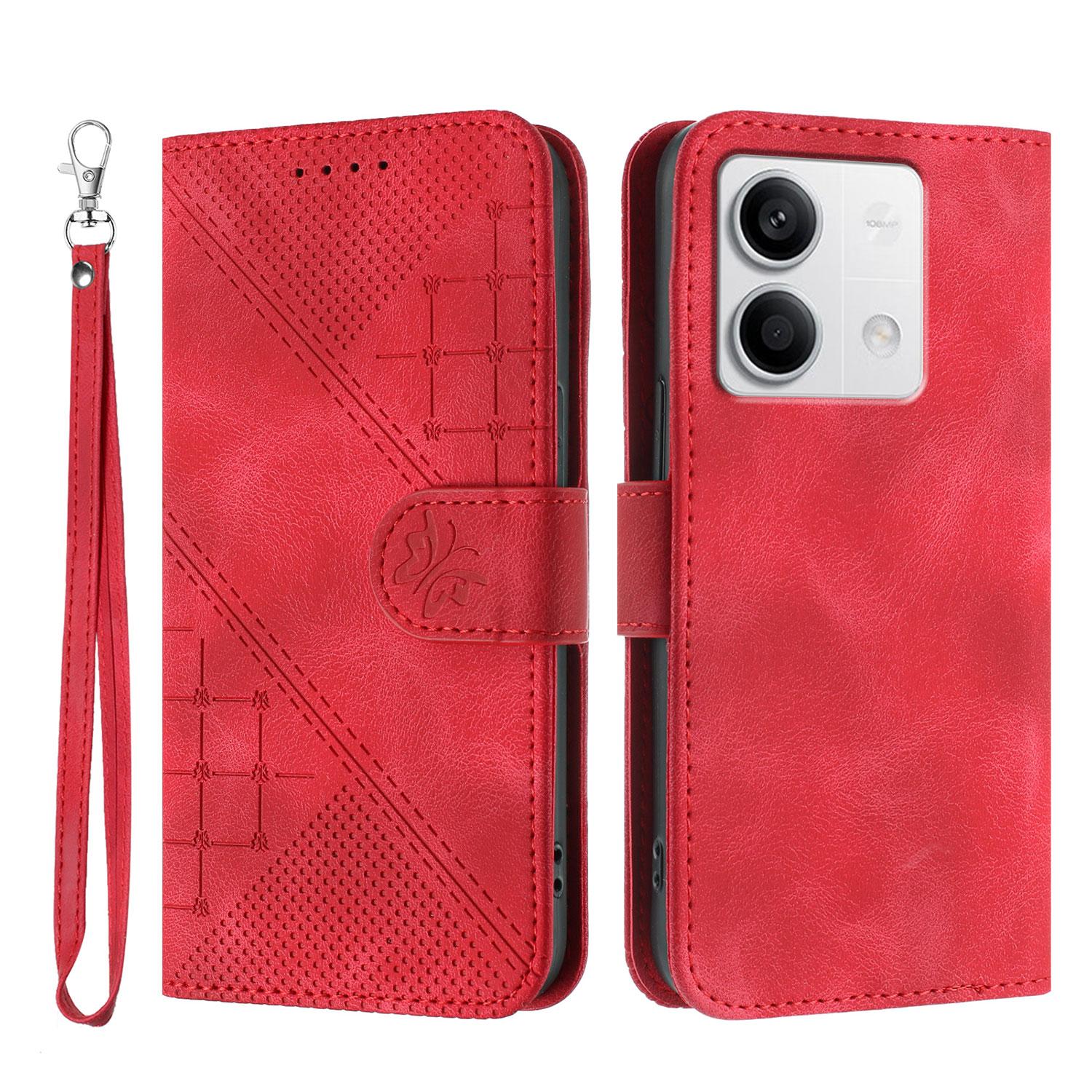 

For Xiaomi Redmi Note 13 5G (China)/Xiaomi Redmi Note 13 5G Leather Wallet Case Butterfly Flower Imprinted Phone Cover with Strap Red
