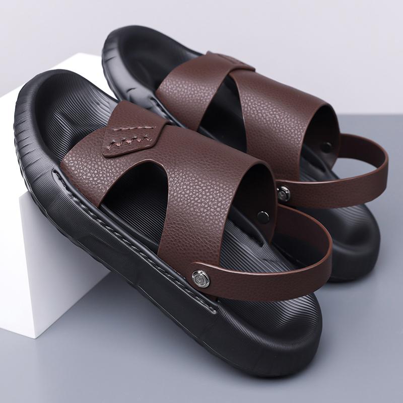 Fashion Casual Leather Summer Men Slippers Breathable Sandals Classics Beach Slides Outdoor Male Flip Flops Soft Dual-Purpose Half Drag