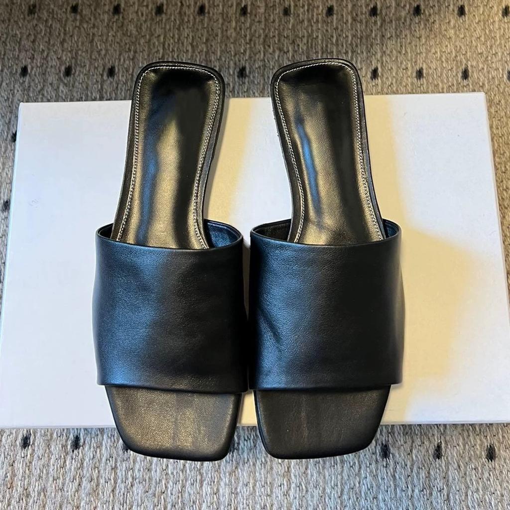 Cowhide Version~ Korean Simple Square Head Flat Bottom Comfortable Open-toed One-word Slippers Women Wear 2025 Summer Cool Slippers