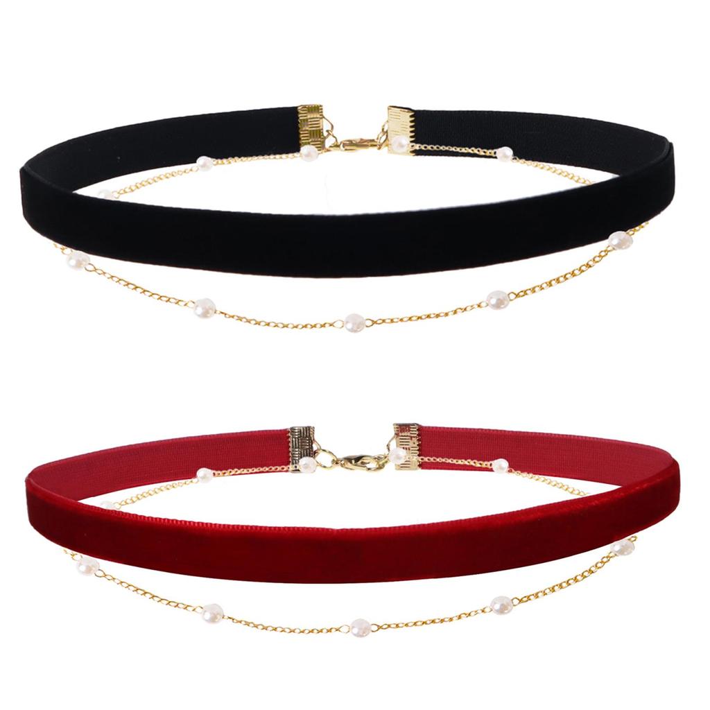 Vintage Wine Red Velvet Pearl Choker Necklace