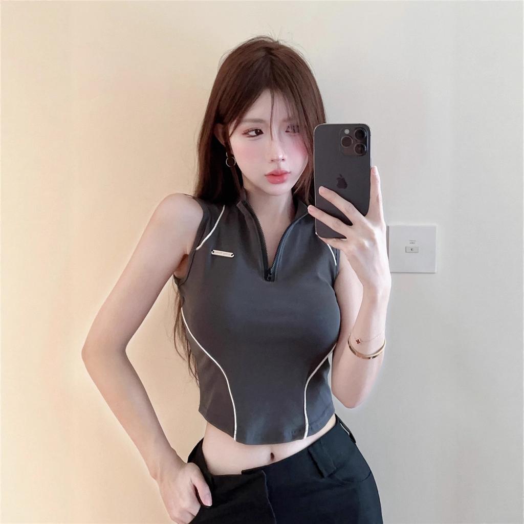 Sports Half Zipper Bottom Vest Women's Outer Wear Small Suspender Lines Spice Girl Skinny High Waist Sleeveless Top