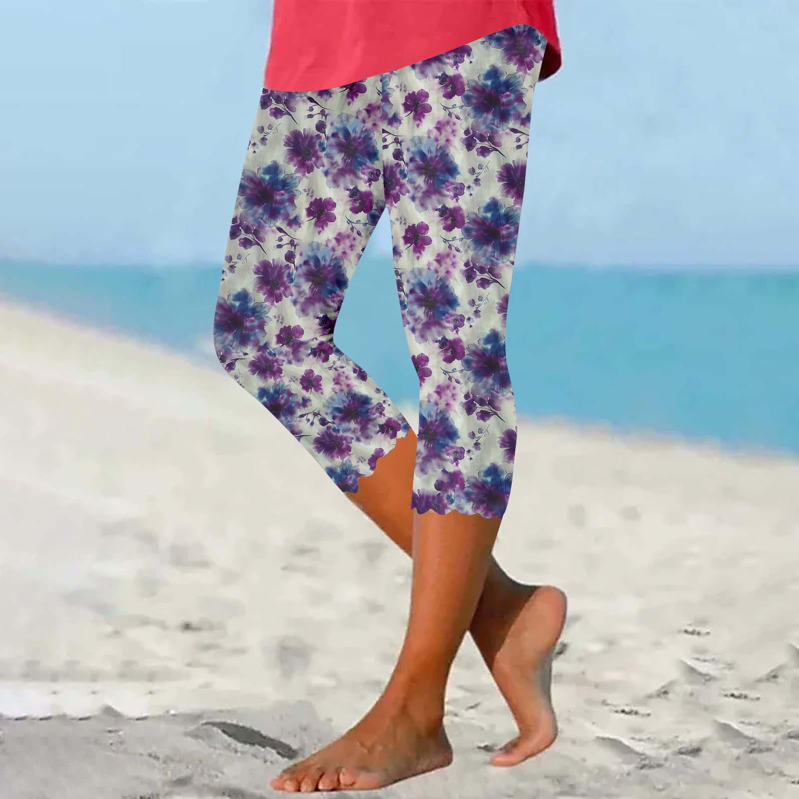 Women s Floral Elastic Waist Capri Pants Slim Fit Stretchy Beach Trousers Lightweight Casual Summer Bottoms M