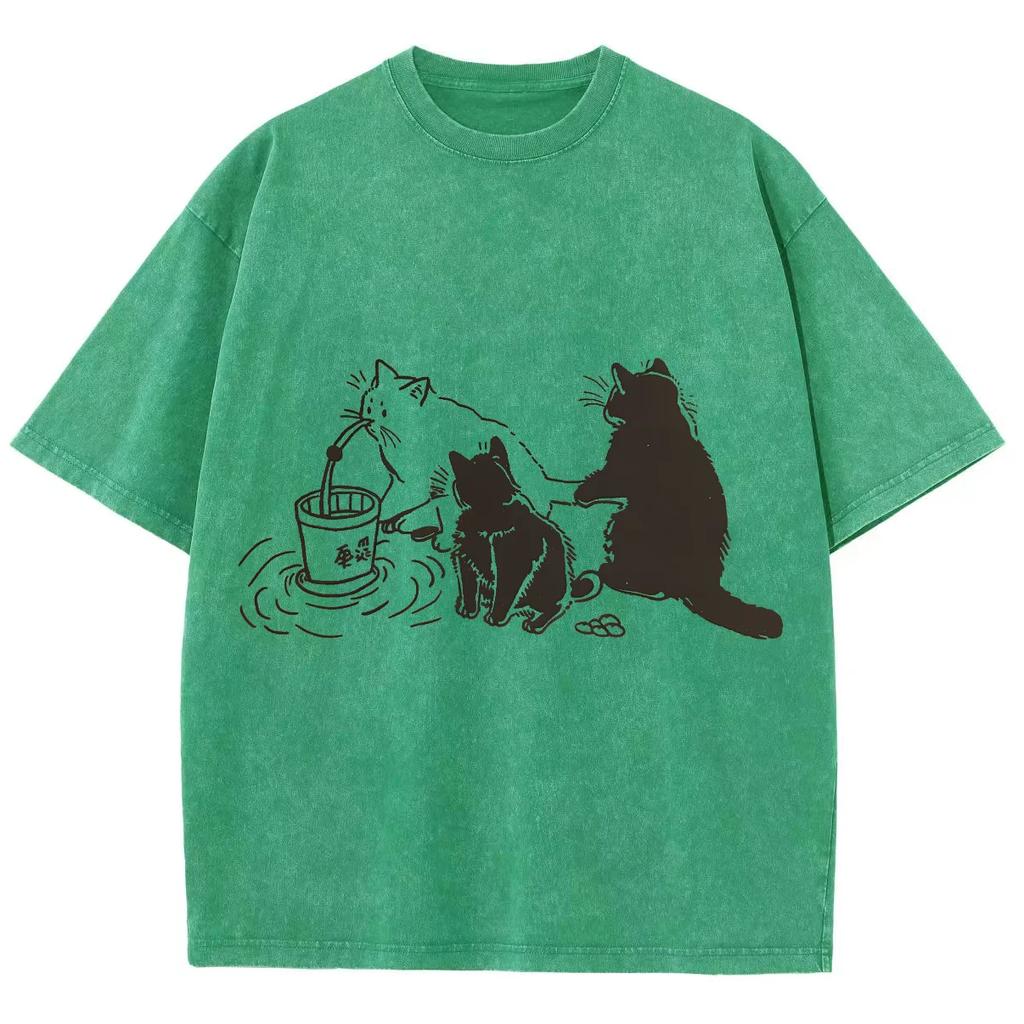 Baumwolle Gewaschenes Denim T-Shirt Damen Hawaii Sommer Katzen Print T-Shirts Lässig Weich Kurzarm Kleidung Vintage