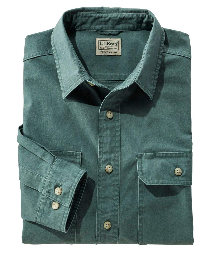 LL Bean Men's Sunwash Canvas Shirt, Long Sleeve, Japan Fit, Size L, Juniper Green, 1000031831