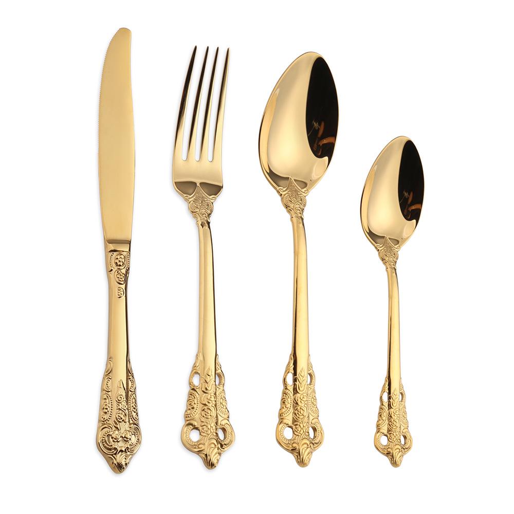 Vintage Embossed Stainless Steel Cutlery Set: European Knife, Fork, Spoon, and Bistro Steak Knife