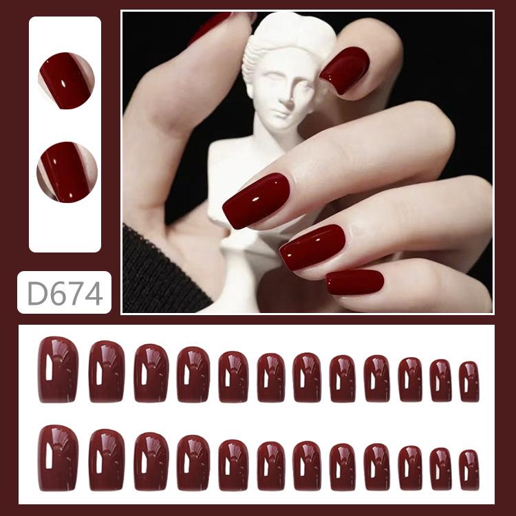 Burgundy Medium Long Square Wearable Nails - Autumn/Winter Whitening False Nail Patches