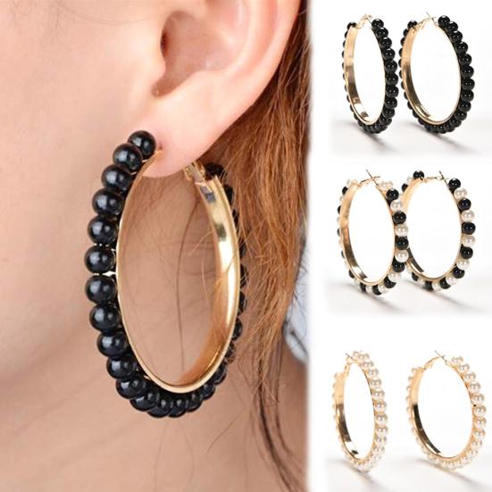 Women Faux Pearl Inlaid Large Circle Statement Hoop Earrings Jewelry