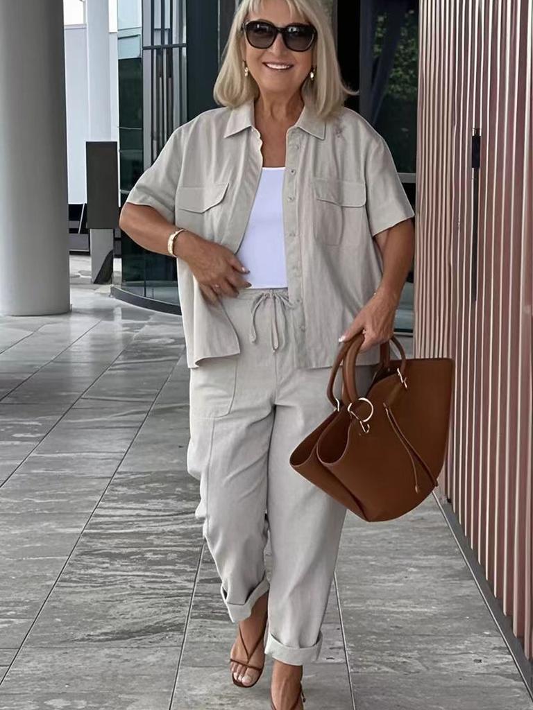 Summer Casual Set Cotton Linen - Stand Collar Blazer Loose Trousers Suit