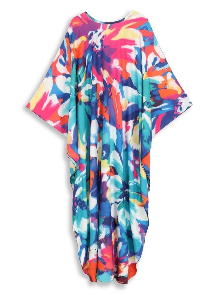 Plus Size Women Kaftan House Robe Bohemian Printing V Neck Homewear Beach Wear Bathing Suit Cover Up