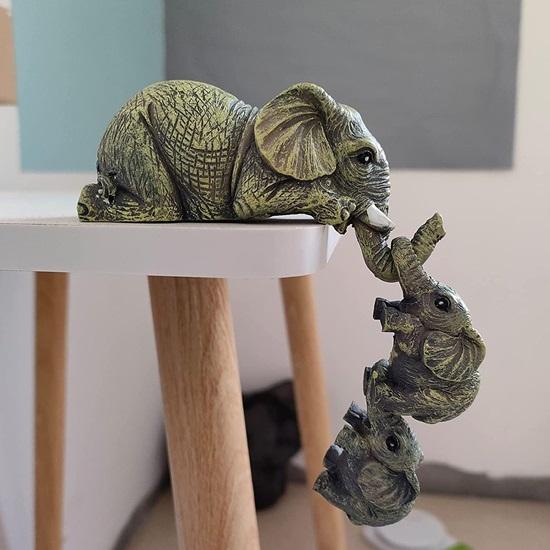 Set of 3 Pcs Elephant Mother and Two Babies Hanging Ornament Figurines Animal Statue for Home Decor Table Wall Decoration Items, Resin Showpiece Gift