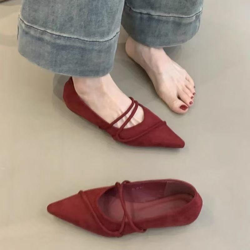 Single Shoes Women's 2025 New Spring and Autumn Pointed Thin Strap Shallow Mouth Fashionable Versatile Inner Height Increase Flat Shoes