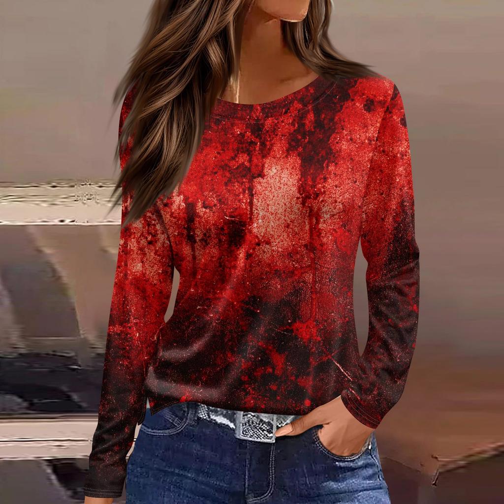 Women's Fashion Hem Slit Casual Halloween Printed Round Neck Long Sleeve Top