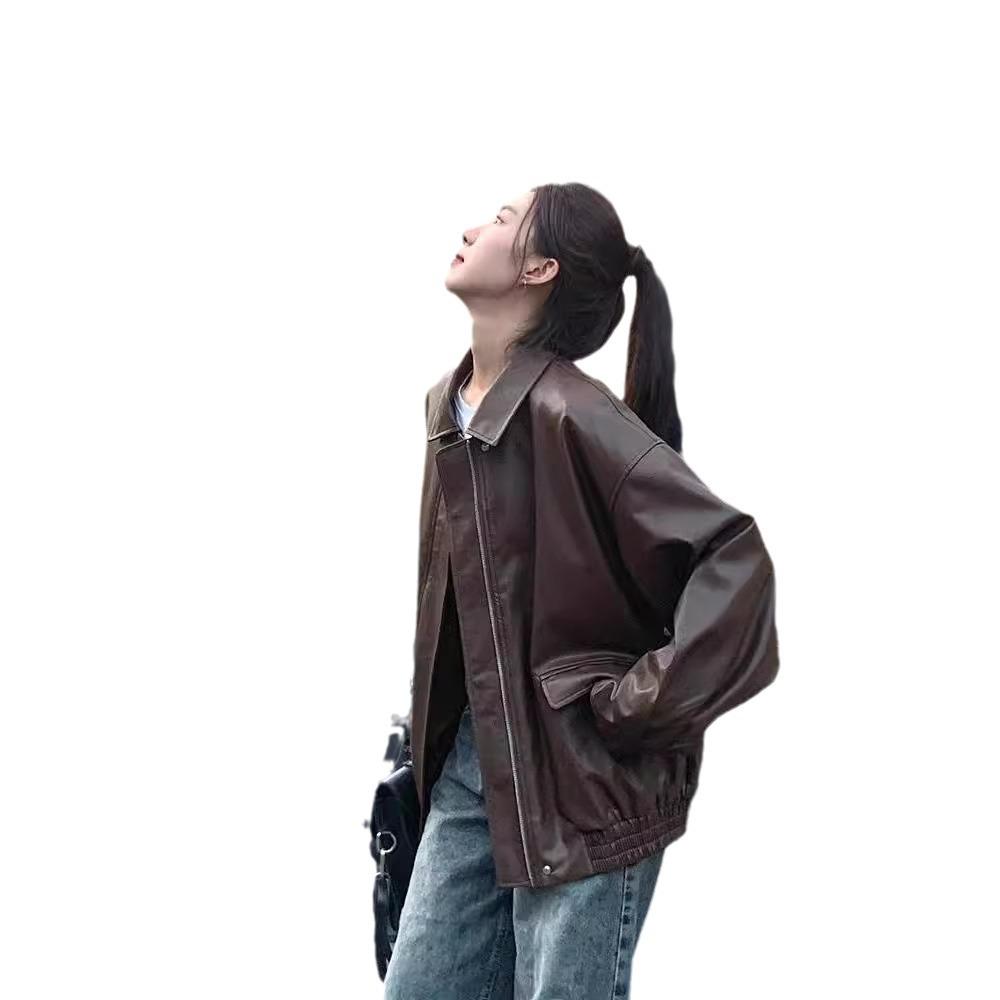 Women's Retro Brown Leather Biker Jacket - Short, Petite, Korean Style, Autumn/Winter 2025 Collection