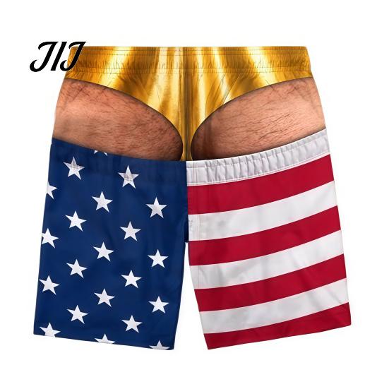 Vicces Férfi Strandnadrág Szőrös Nagy Fenekű Nadrág, USA Zászló Mintás Fürdőnadrág, Arany Színű Állítható Zsinóros Alsó Design, Nyári Medencés Partikra Nyaraláshoz